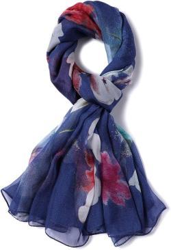 İpek Şal - Lacivert kırmızı desenli